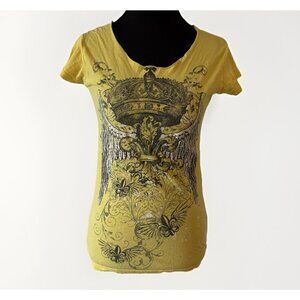Y2K Hybrid Apparel Yellow Graphic Top Angel Wings Size Medium Ripped Back Grunge